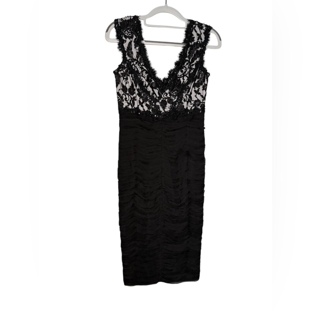 Tadashi Collection black floral‎ lace tea length party dress silk